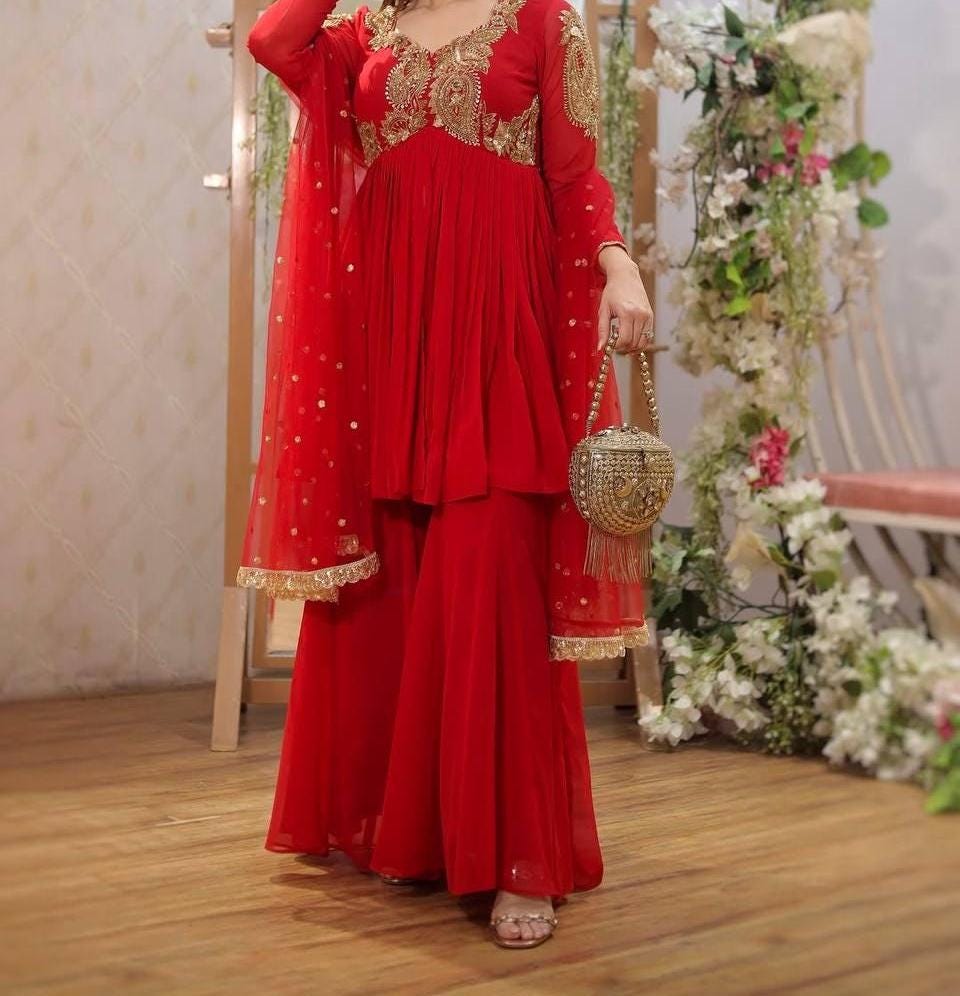 Red Sequin Embroidery Kurti Palazzo Suit | Georgette Fabric - Indian Outfit