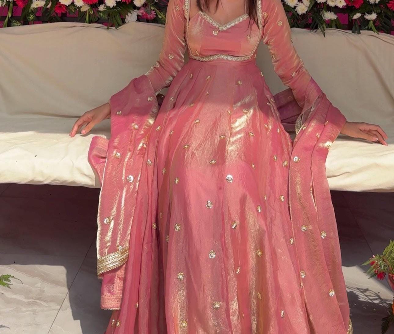 Designer Party Wear Silk Gown Set | Heavy Embroidery Sequins Gown with Dupatta & Pant