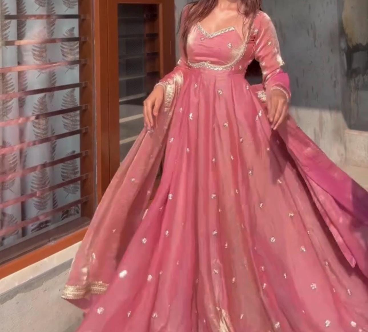 Designer Party Wear Silk Gown Set | Heavy Embroidery Sequins Gown with Dupatta & Pant