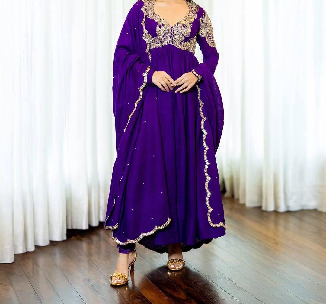 Purple Chinon Silk Anarkali Suit Set With Dupatta | Zari Embroidered - Festive Dress