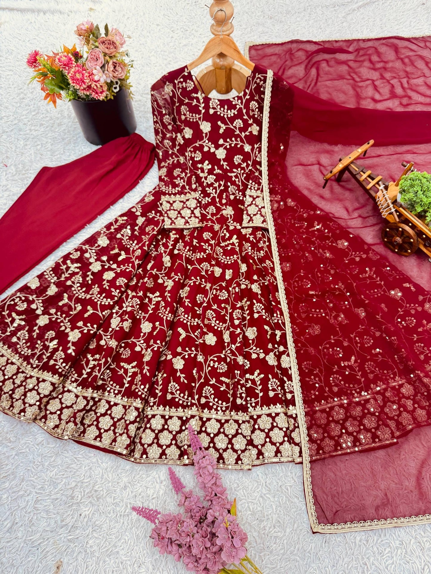 Luxury Sequins Embroidery Anarkali Suit With Dupatta |  Faux Georgette Long Flair Gown Set