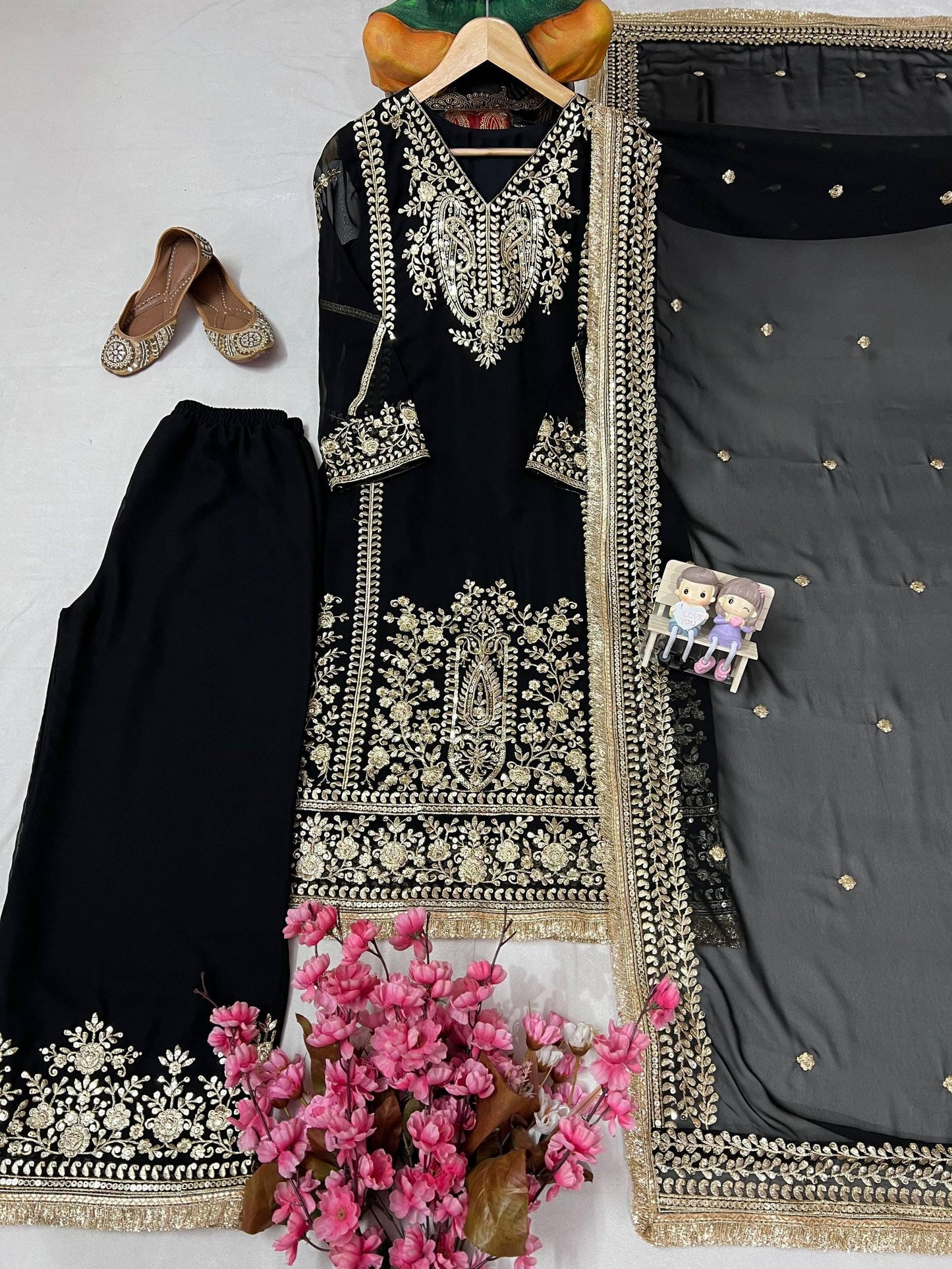 Designer Heavy Georgette Black Salwar Kameez Suit Set With Sequin & Embroidery