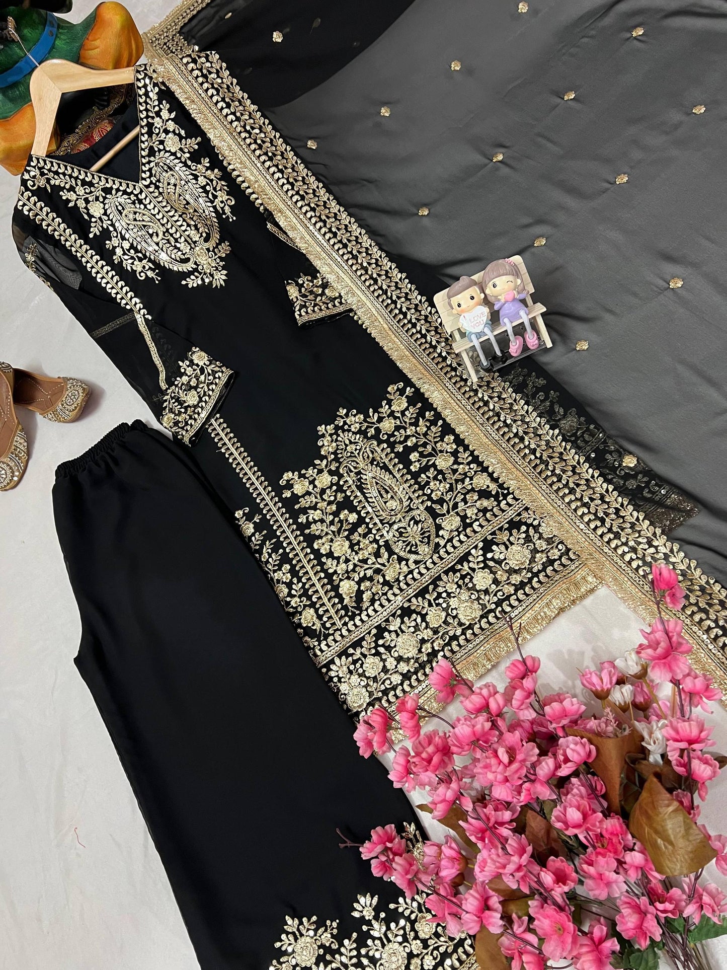 Designer Heavy Georgette Black Salwar Kameez Suit Set With Sequin & Embroidery