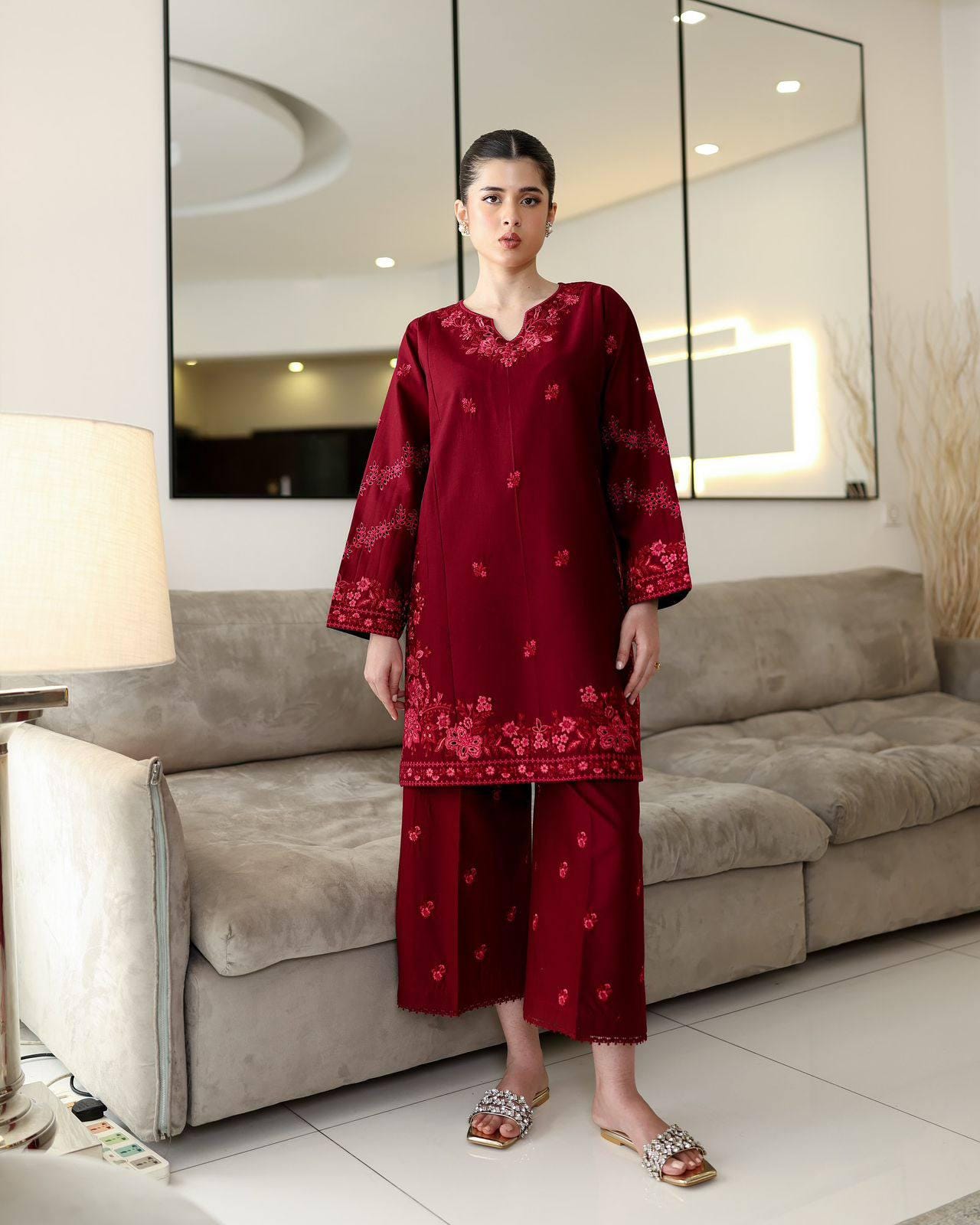 Rayon Cotton Kurti Palazzo Set With Thread Embroidery Work - Comfortable & Daily Wear For Women