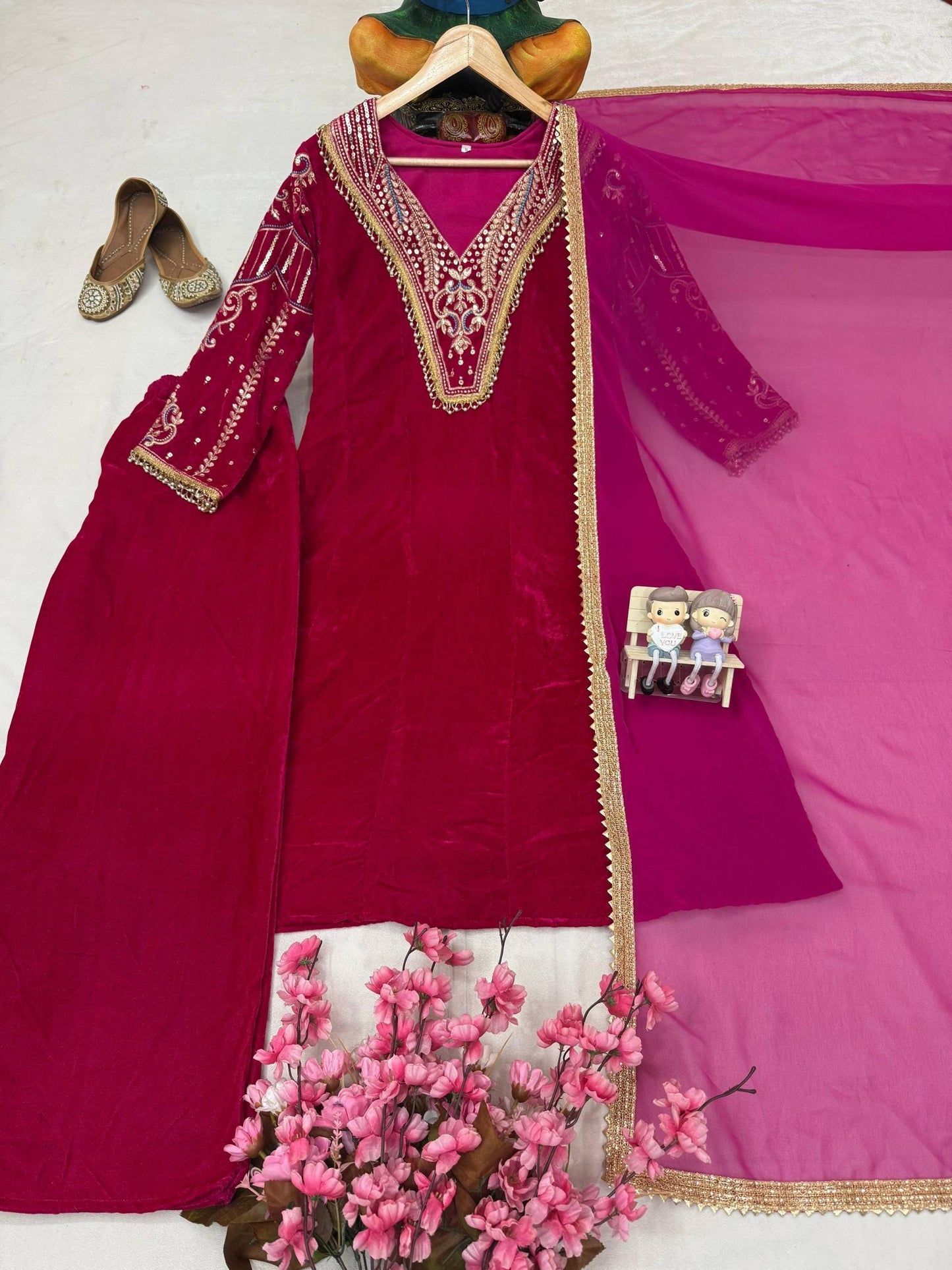 Designer Pink 3 Piece Velvet Suit With Heavy Embroidery Work For Women