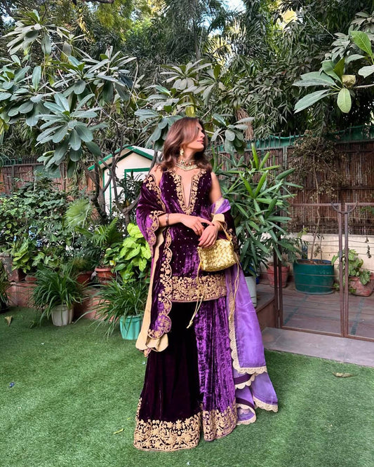 Fully Stitched Velvet Sequin & Zari Embroidery Kurti Plazzo Set with Designer Dupatta