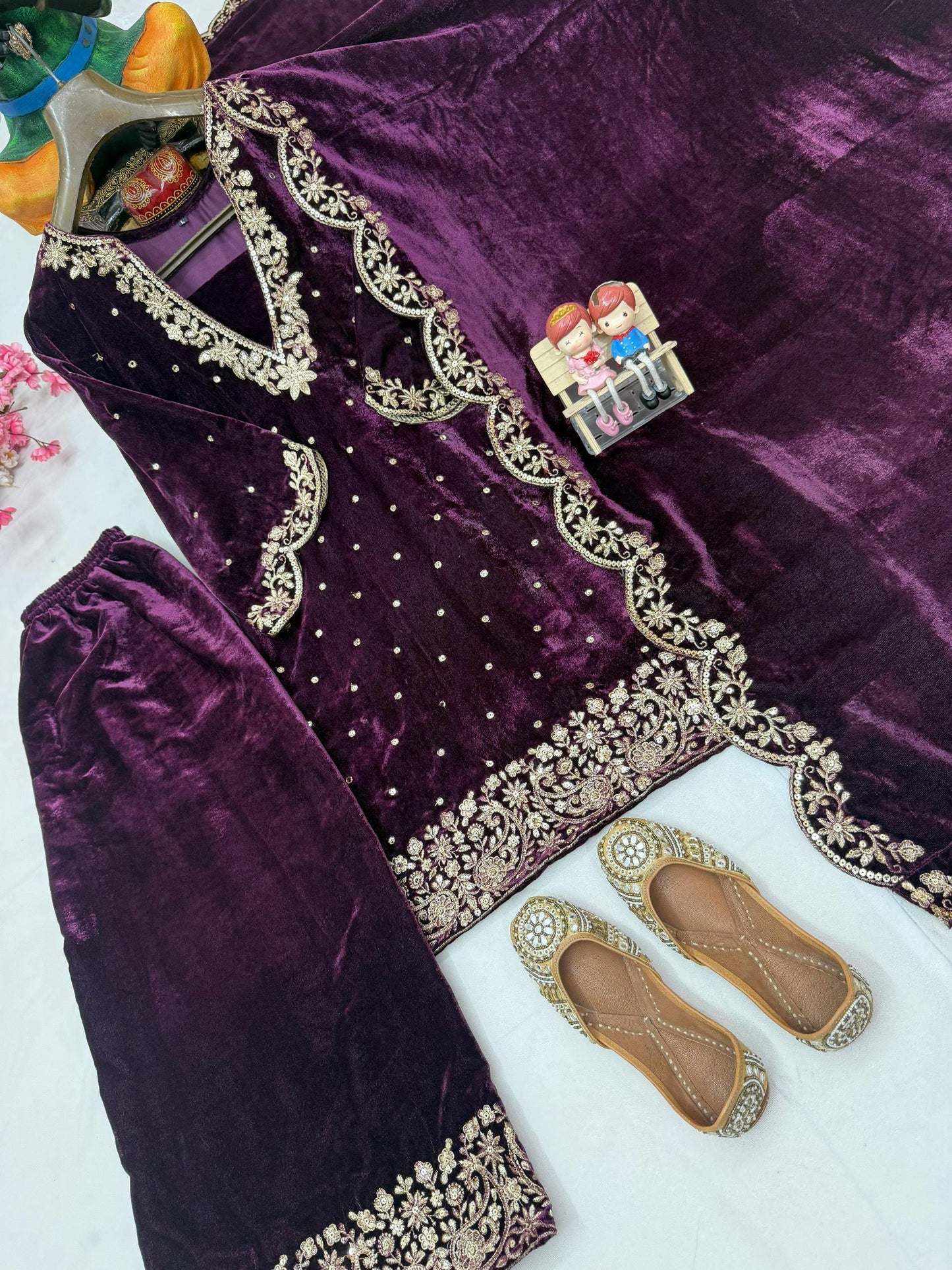 Fully Stitched Velvet Sequin & Zari Embroidery Kurti Plazzo Set with Designer Dupatta