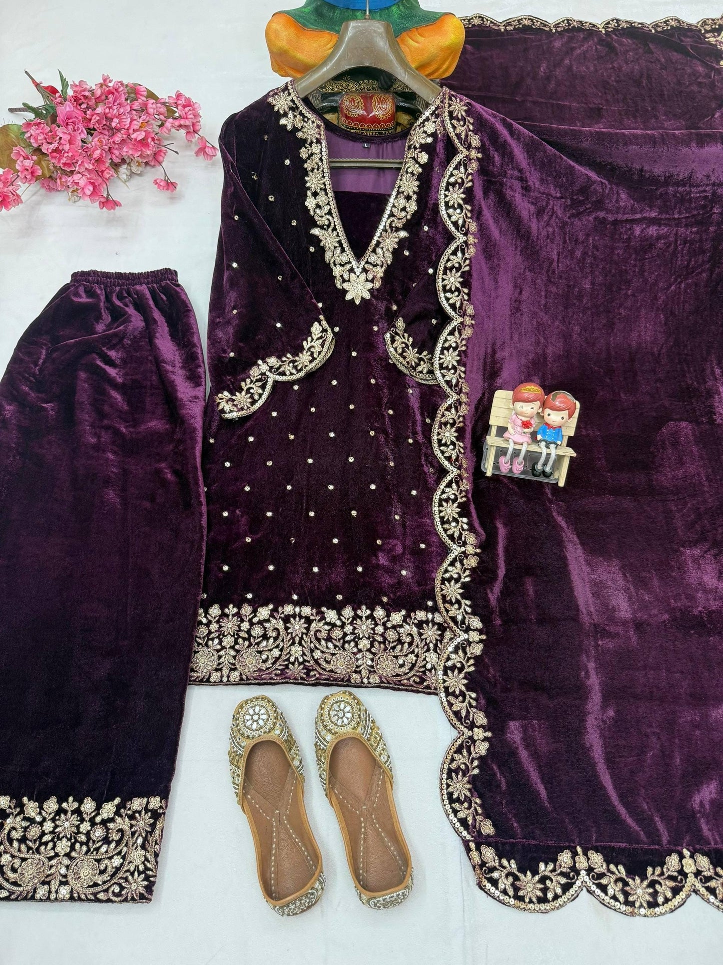 Fully Stitched Velvet Sequin & Zari Embroidery Kurti Plazzo Set with Designer Dupatta