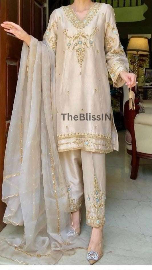 Exclusive Beige Natural Silk Embroidery Kurta Set with Four-Side Lace Dupatta