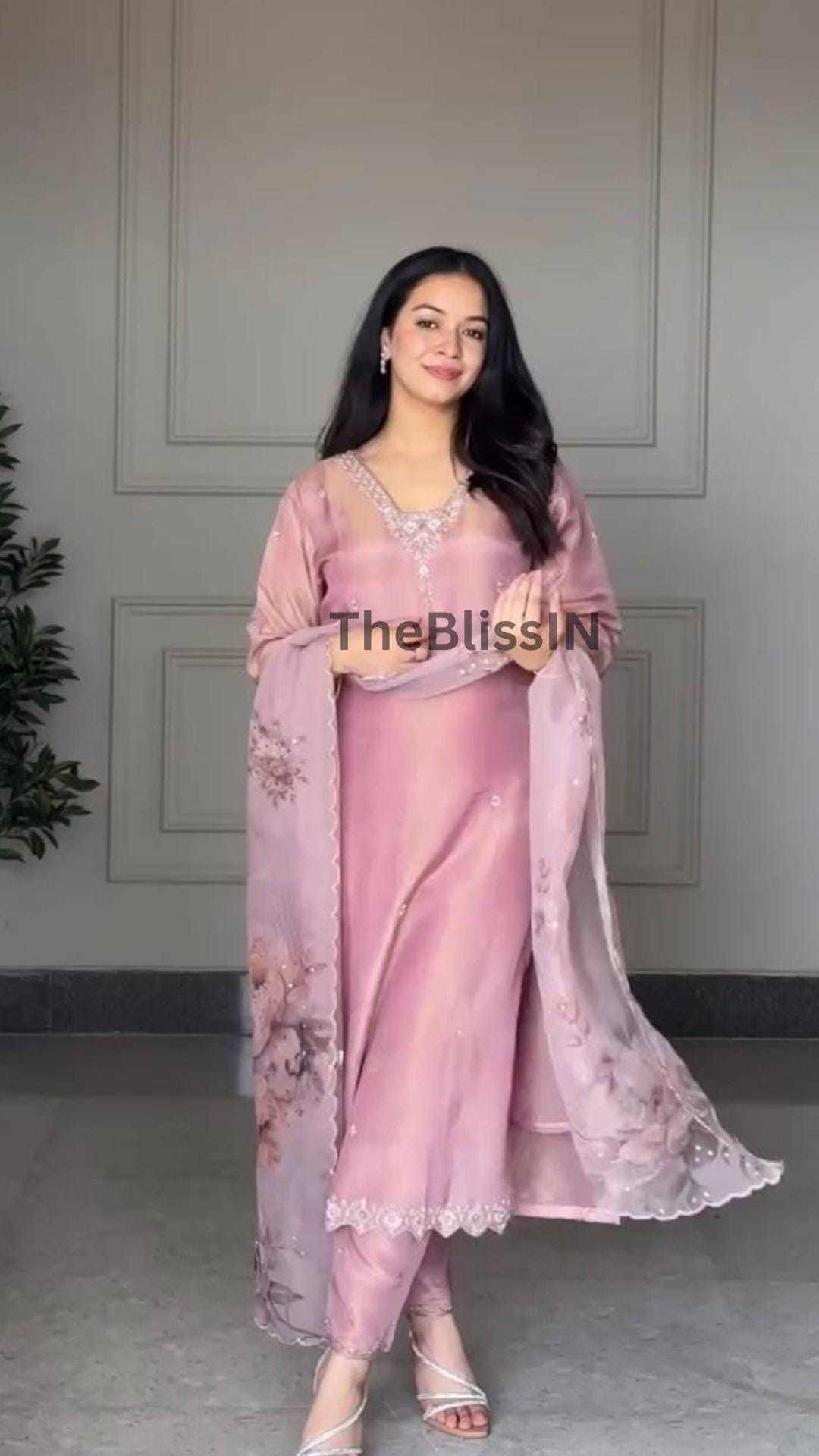 Indian Party Wear Crepe Salwar Suit Set with Palazzo & Printed Organza Dupatta