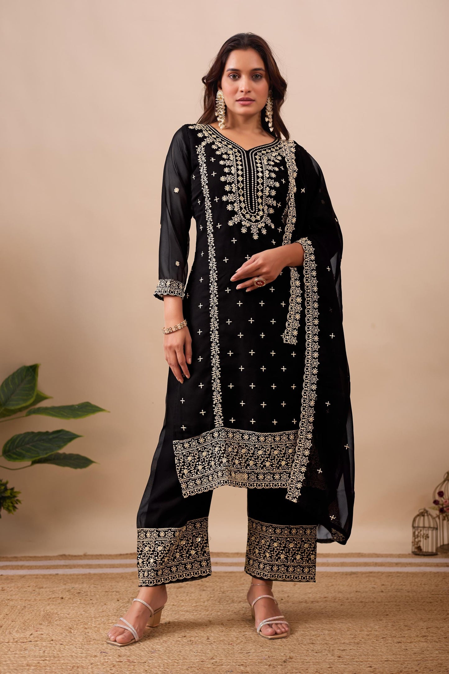 Black Heavy Embroidered Georgette Suit Set with Sequins, Dupatta & Pants