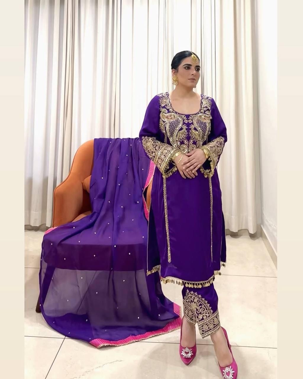 Royal Purple Pakistani Heavy Embroidered Georgette Suit Set with Sequins, Dupatta