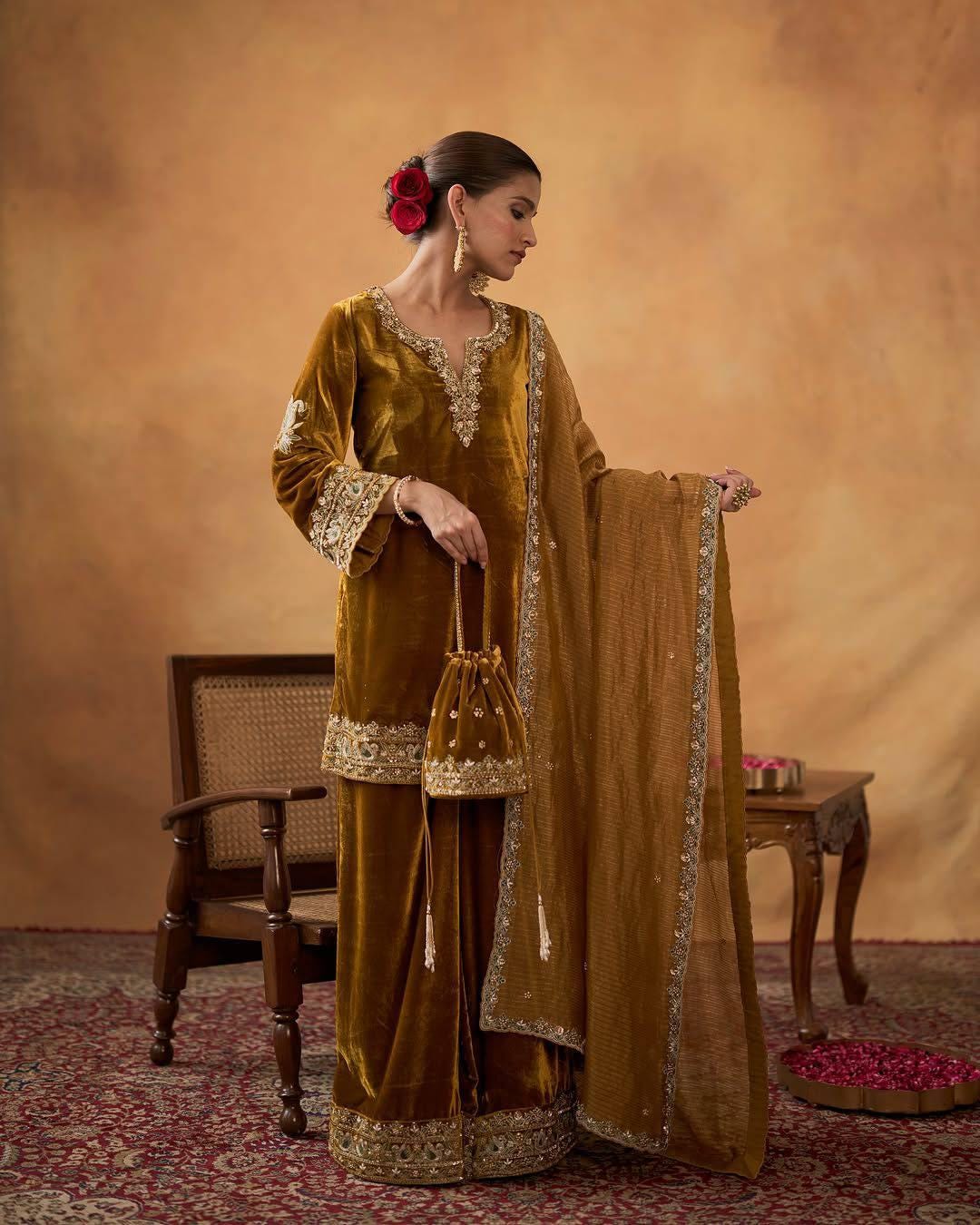 Velvet Sequin Embroidery Fully Stitched Kurti Plazzo Set with Fendy Silk Dupatta