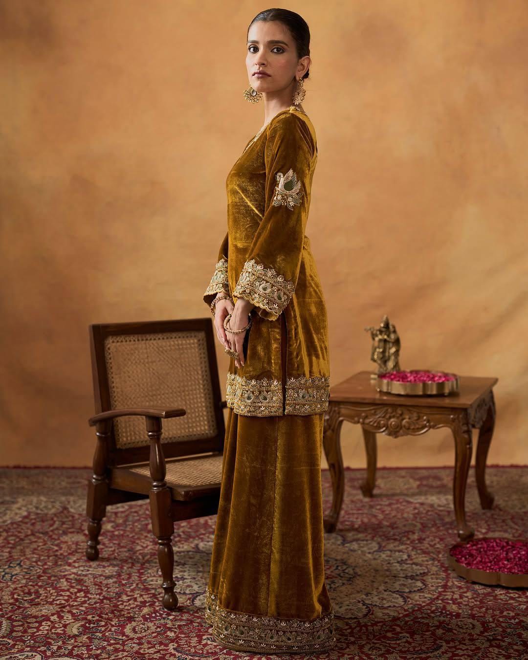 Velvet Sequin Embroidery Fully Stitched Kurti Plazzo Set with Fendy Silk Dupatta