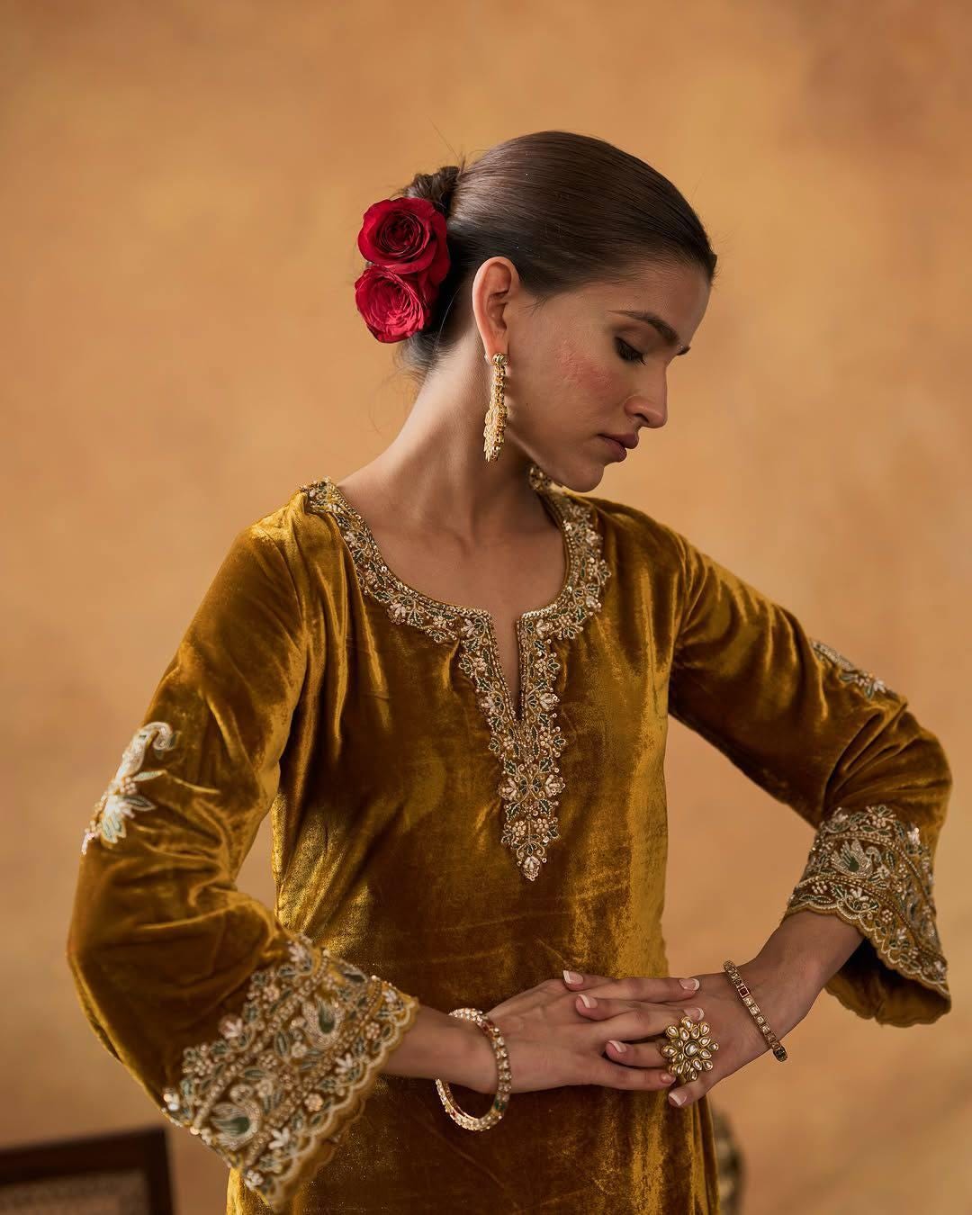 Velvet Sequin Embroidery Fully Stitched Kurti Plazzo Set with Fendy Silk Dupatta