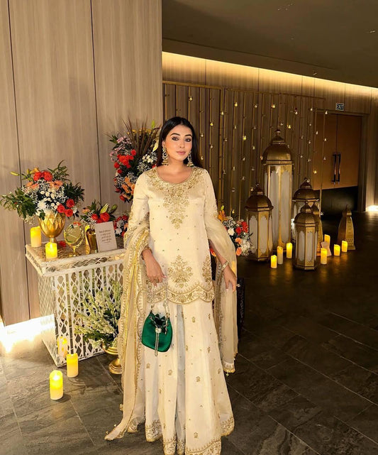 Wedding Wear White Chinnon Silk Kurti Plazzo Set with Sequin Embroidered Dupatta