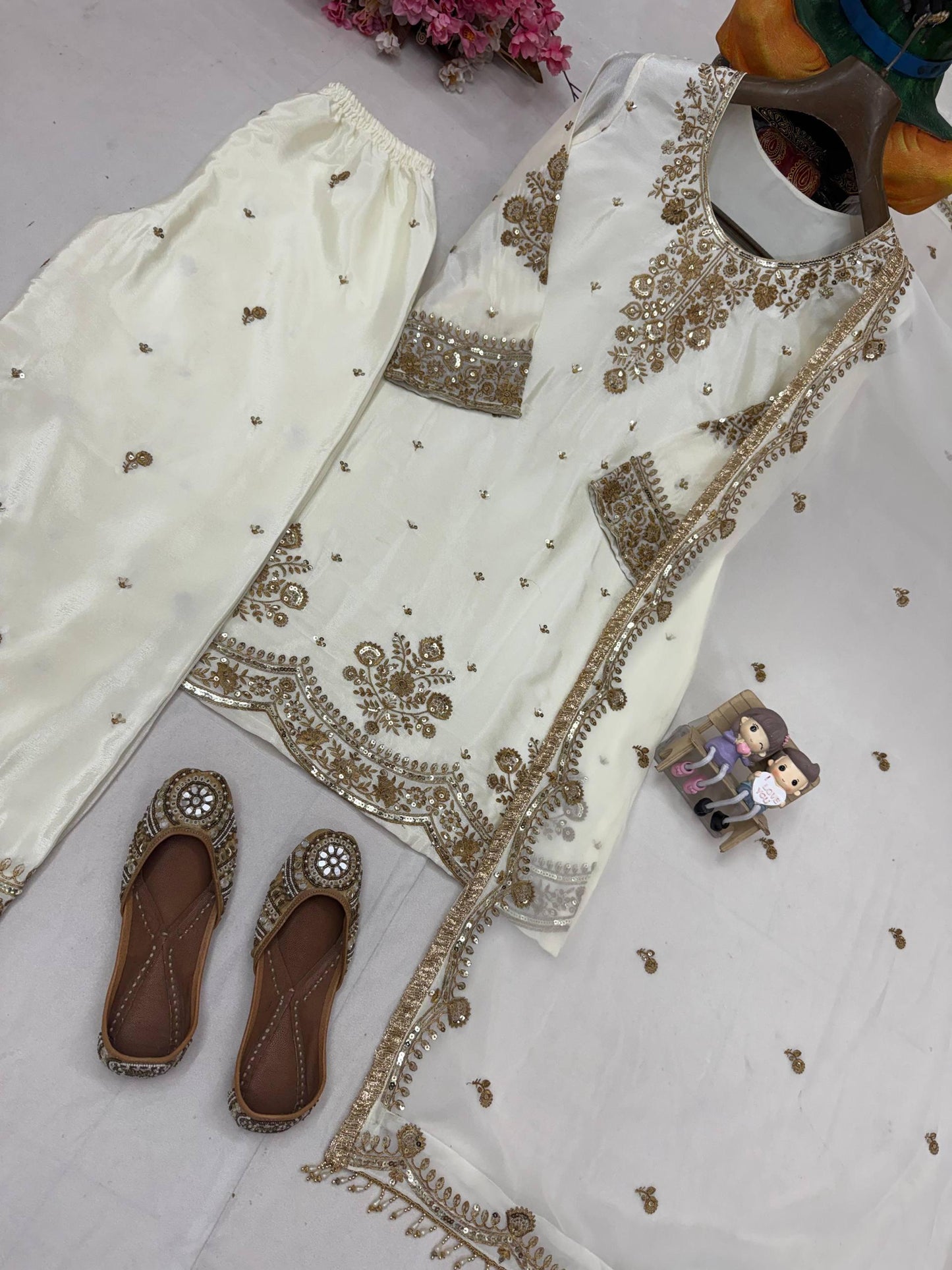 Wedding Wear White Chinnon Silk Kurti Plazzo Set with Sequin Embroidered Dupatta