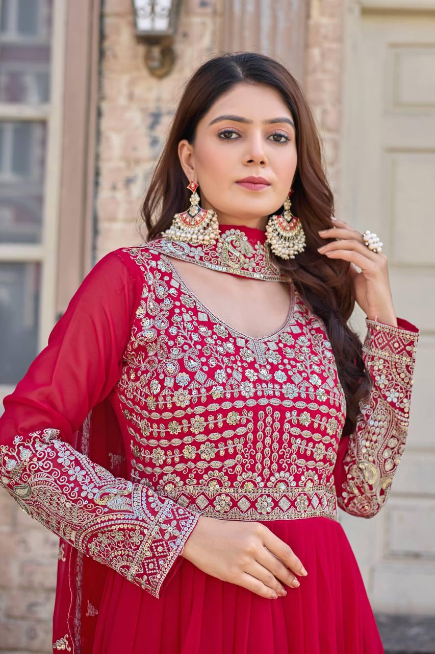 Luxury Hot Pink Faux Georgette Gown Set with Heavy Sequin Embellished Matching Dupatta