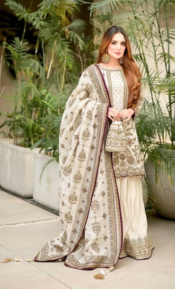 White Sequin Rivet Moti Palazzo Suit with Georgette Dupatta and Designer Latkan Work