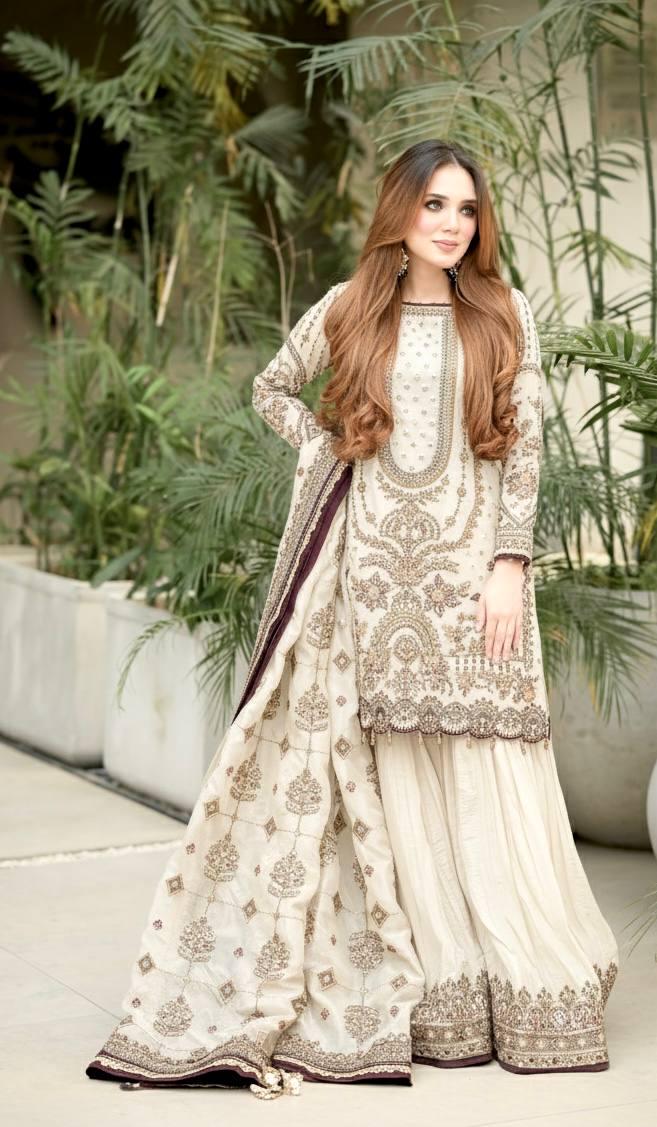White Sequin Rivet Moti Palazzo Suit with Georgette Dupatta and Designer Latkan Work
