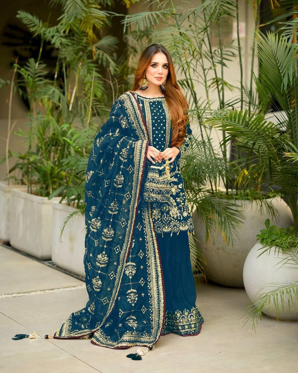 Royal Blue Heavy Faux Georgette Palazzo Suit with Sequin Embroidered Dupatta