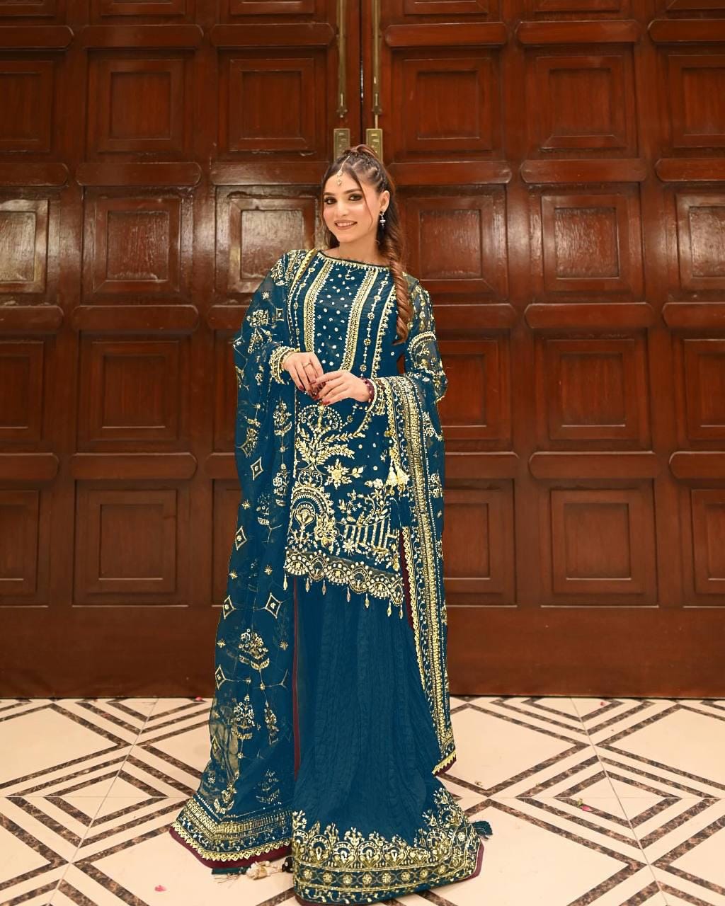 Royal Blue Heavy Faux Georgette Palazzo Suit with Sequin Embroidered Dupatta