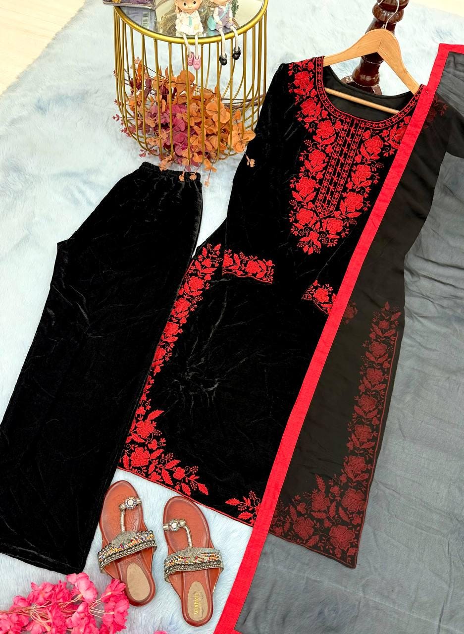 Black Pure Viscose Velvet Embroidered Palazzo Suit Set with Georgette Dupatta