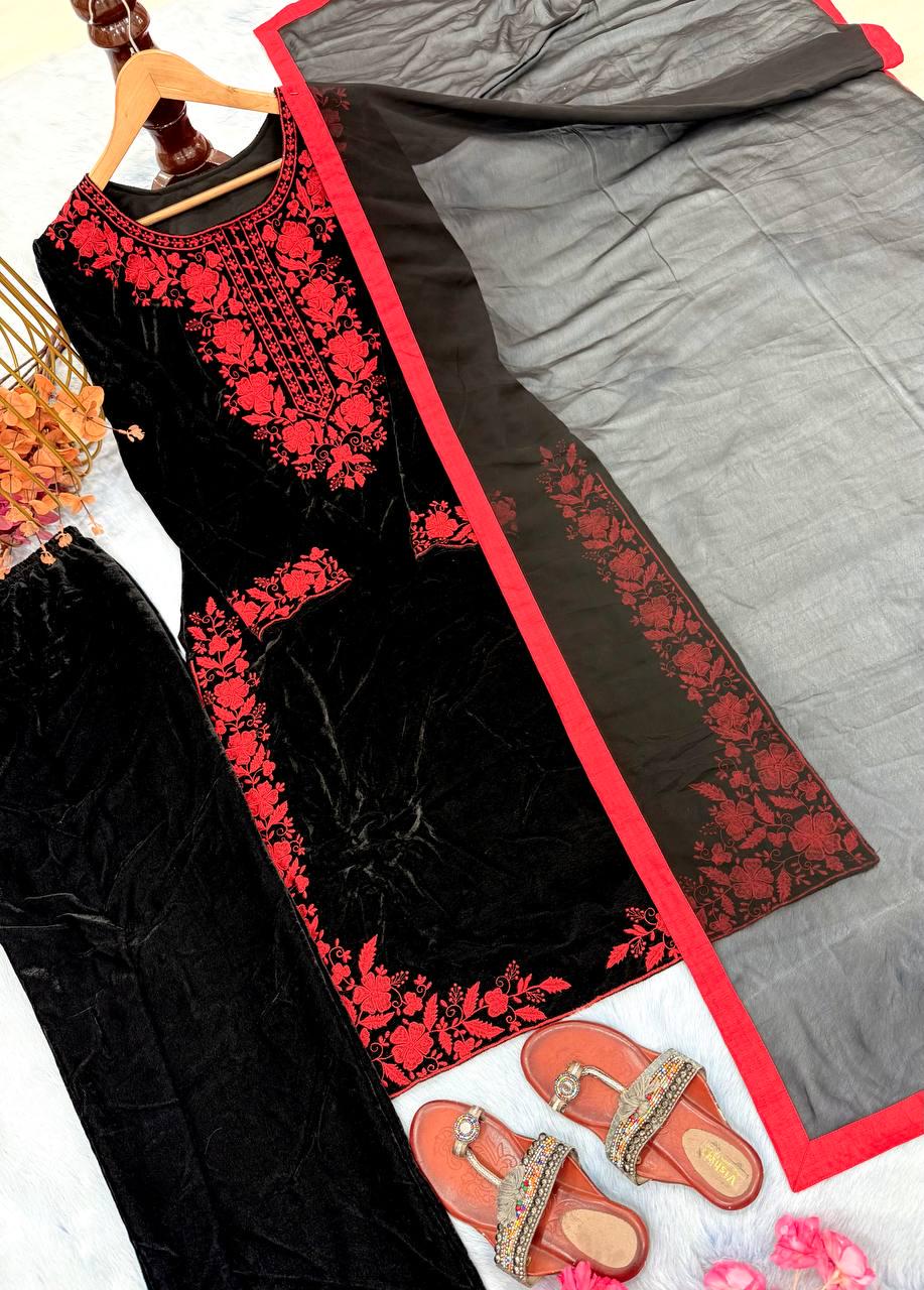 Black Pure Viscose Velvet Embroidered Palazzo Suit Set with Georgette Dupatta