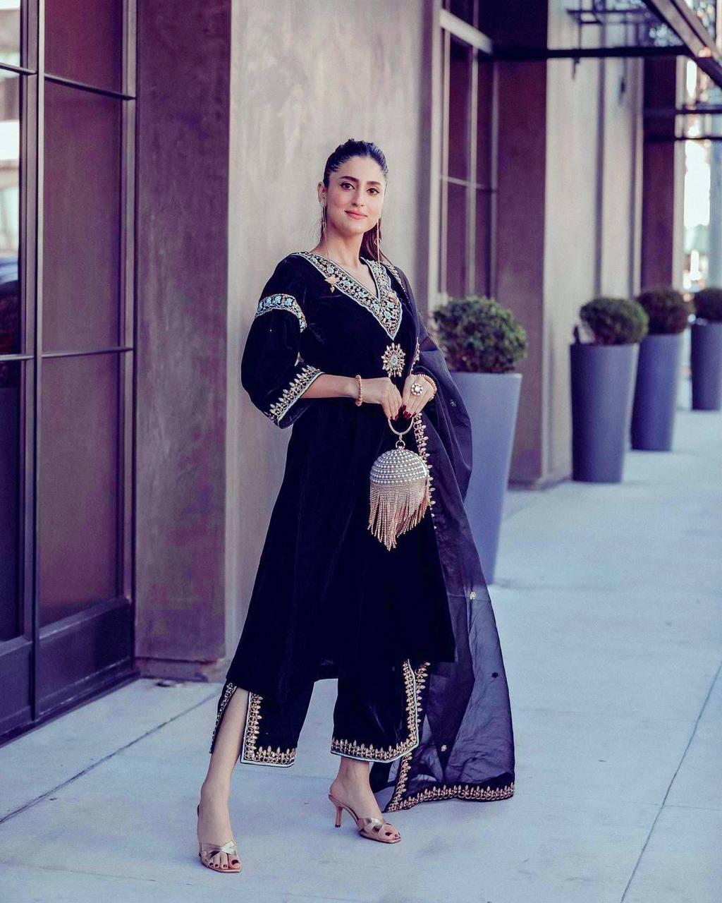 Viscose Velvet Embroidered Sequin Suit Set with Bell Sleeves Palazzo and Organza Dupatta