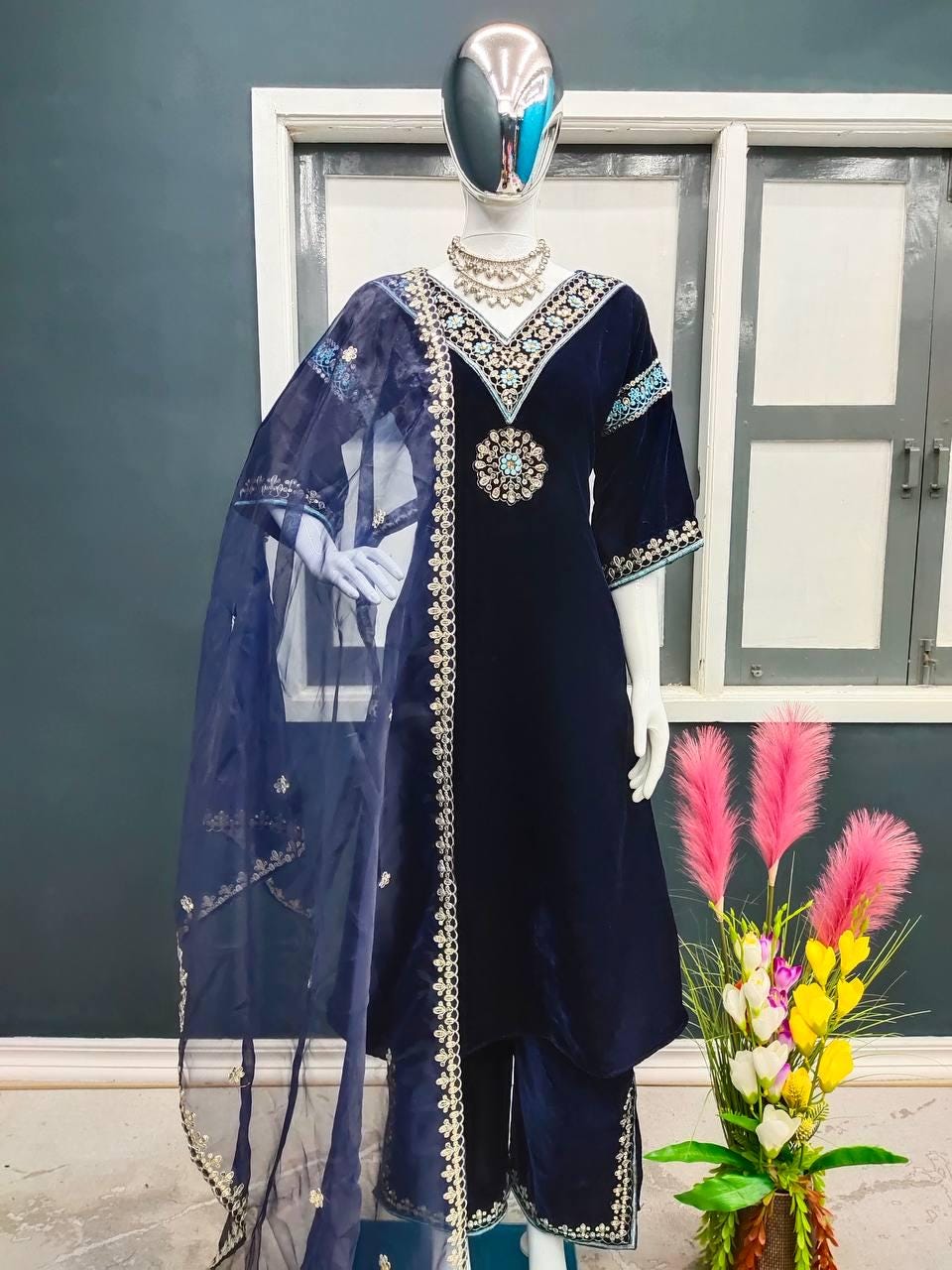 Viscose Velvet Embroidered Sequin Suit Set with Bell Sleeves Palazzo and Organza Dupatta