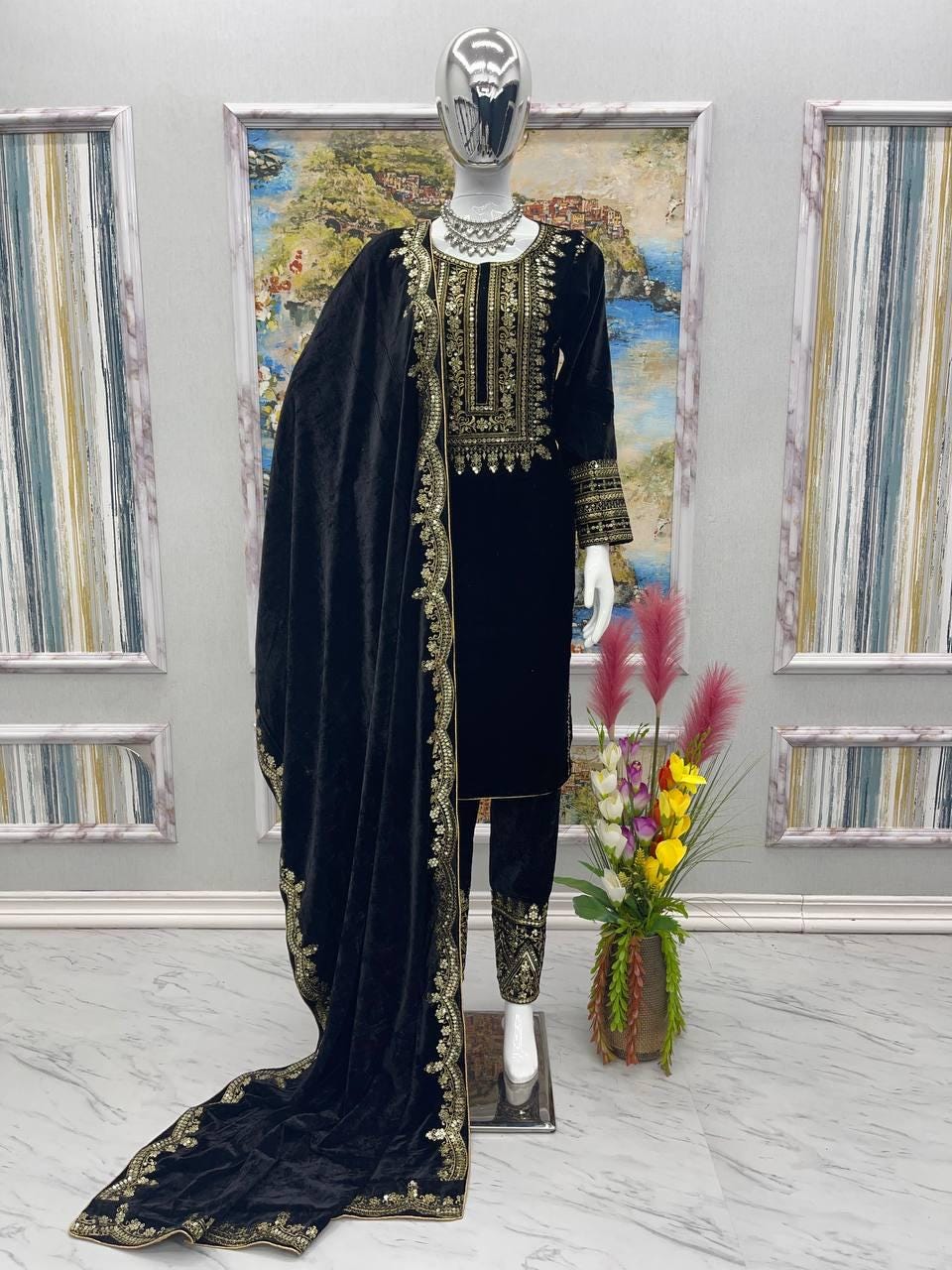 Black Viscose Velvet Embroidered Suit Set with Sequin Work, Full Stitched Indian Outfit