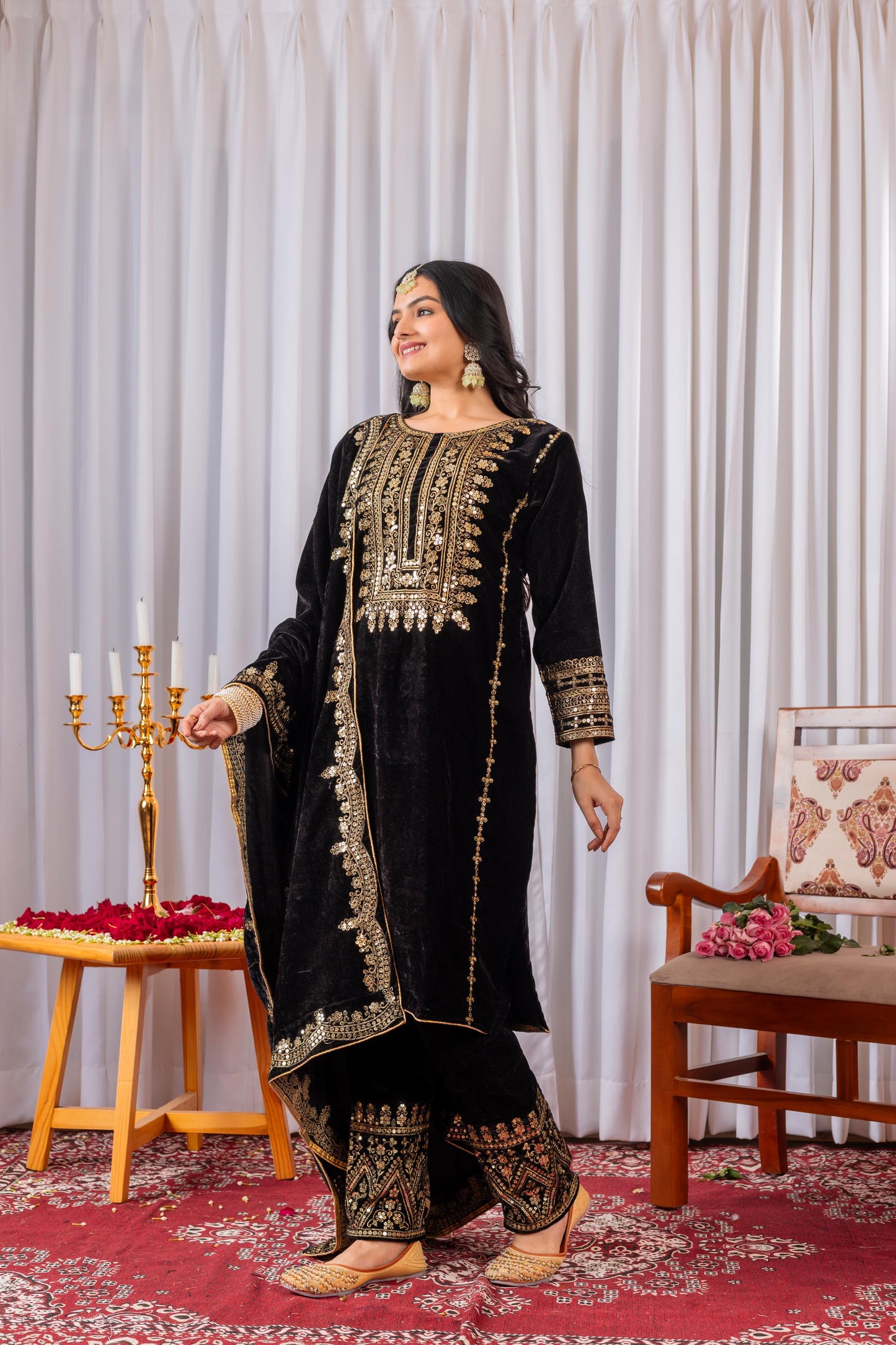 Black Viscose Velvet Embroidered Suit Set with Sequin Work, Full Stitched Indian Outfit
