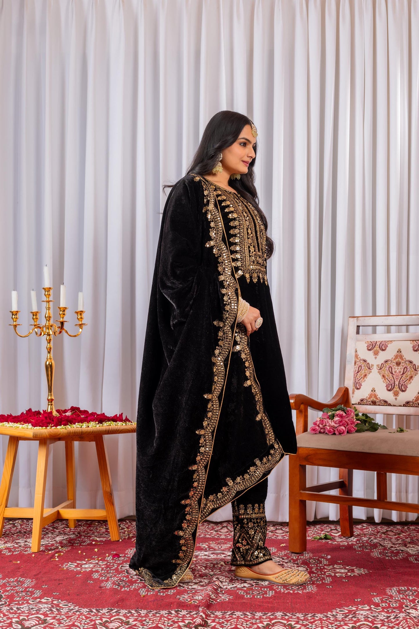 Black Viscose Velvet Embroidered Suit Set with Sequin Work, Full Stitched Indian Outfit
