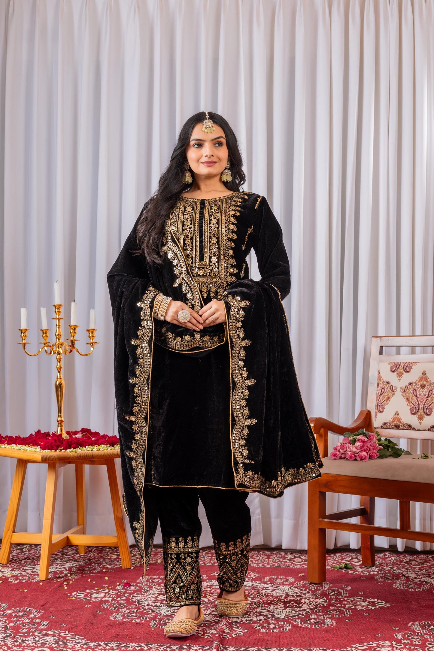 Black Viscose Velvet Embroidered Suit Set with Sequin Work, Full Stitched Indian Outfit