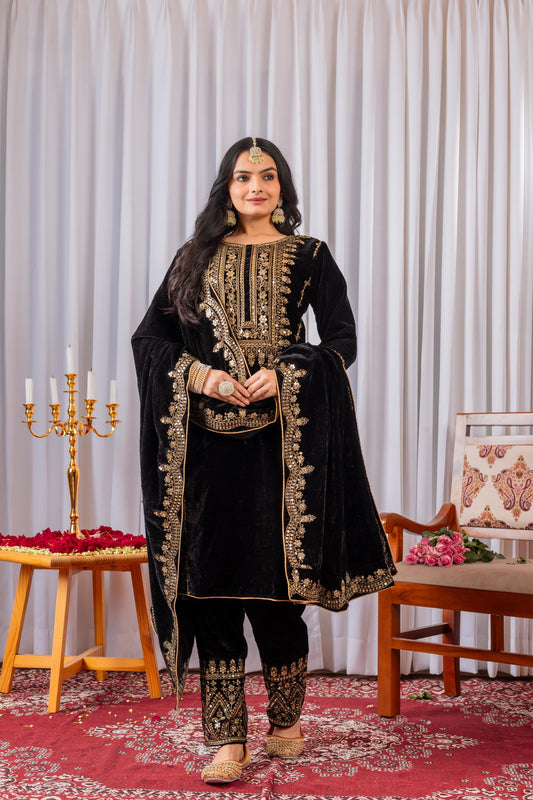 Black Viscose Velvet Embroidered Suit Set with Sequin Work, Full Stitched Indian Outfit