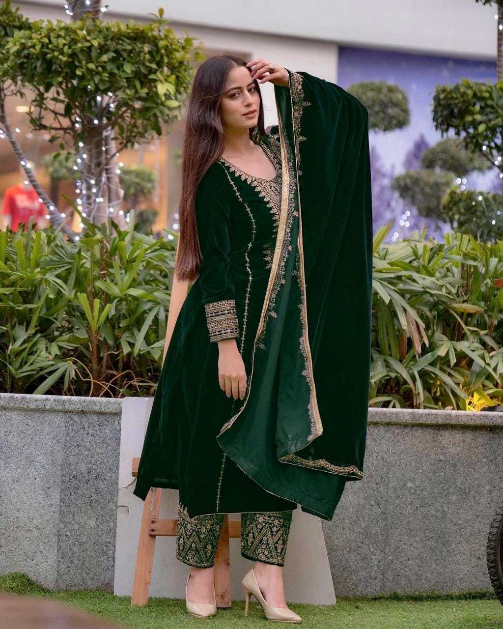 Winter Wear Green Viscose Velvet Embroidered Suit Set with Sequin Work, Full Stitched