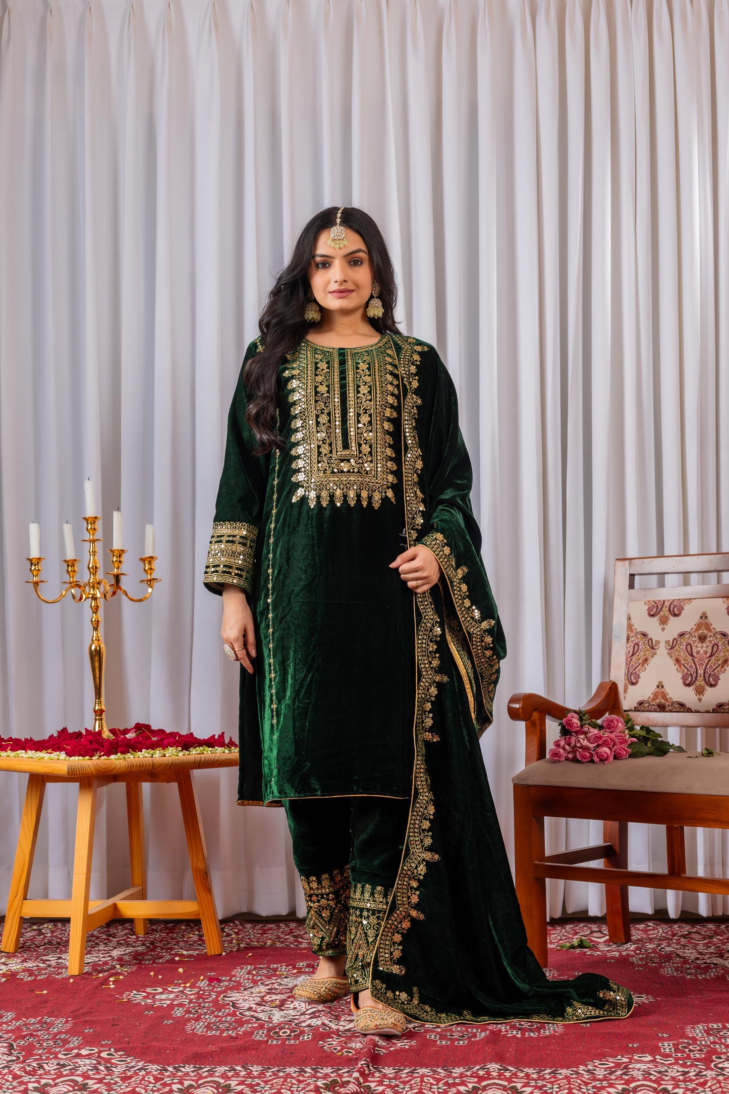 Winter Wear Green Viscose Velvet Embroidered Suit Set with Sequin Work, Full Stitched
