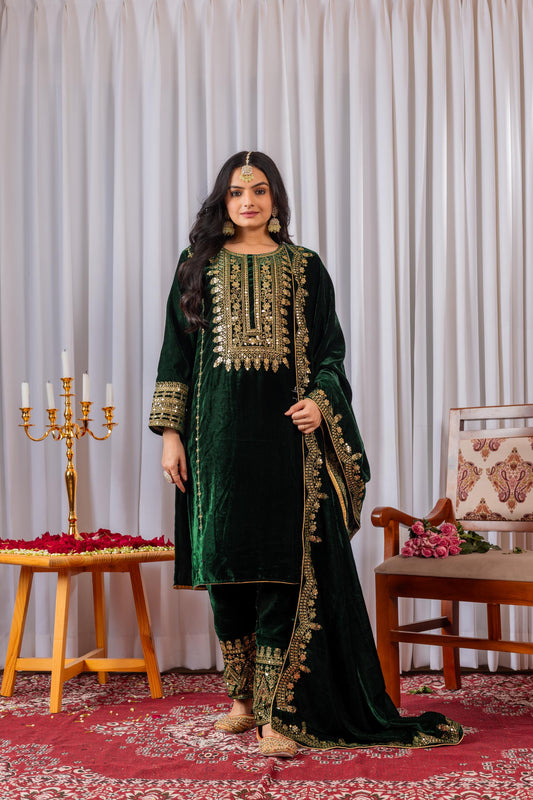Winter Wear Green Viscose Velvet Embroidered Suit Set with Sequin Work, Full Stitched