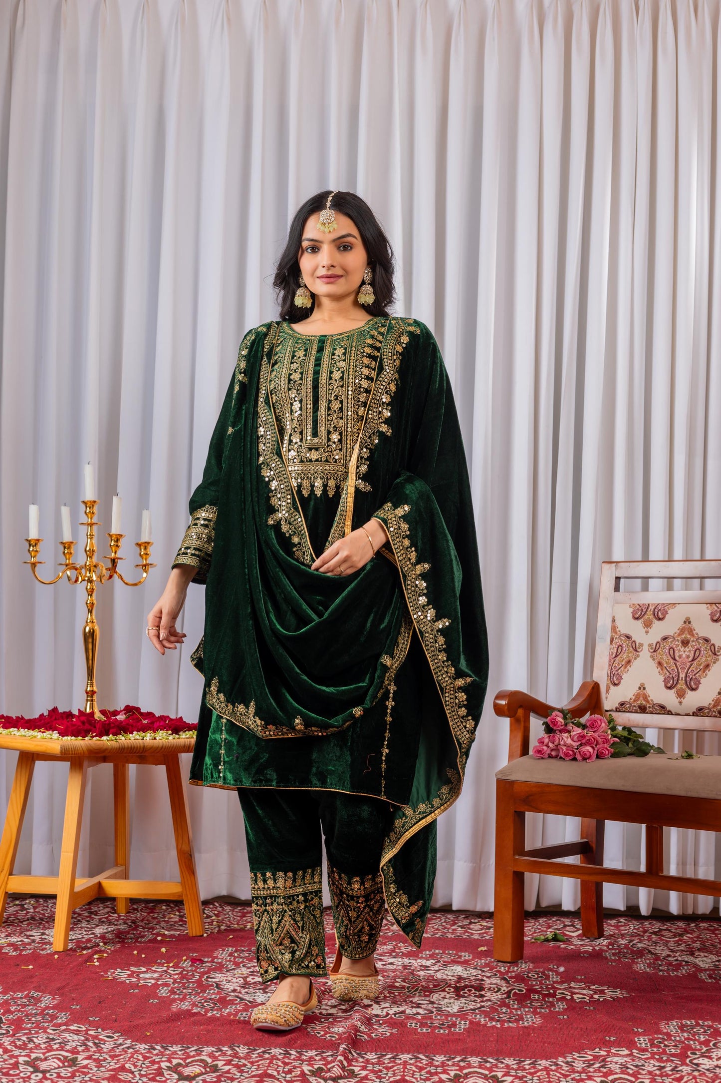 Winter Wear Green Viscose Velvet Embroidered Suit Set with Sequin Work, Full Stitched