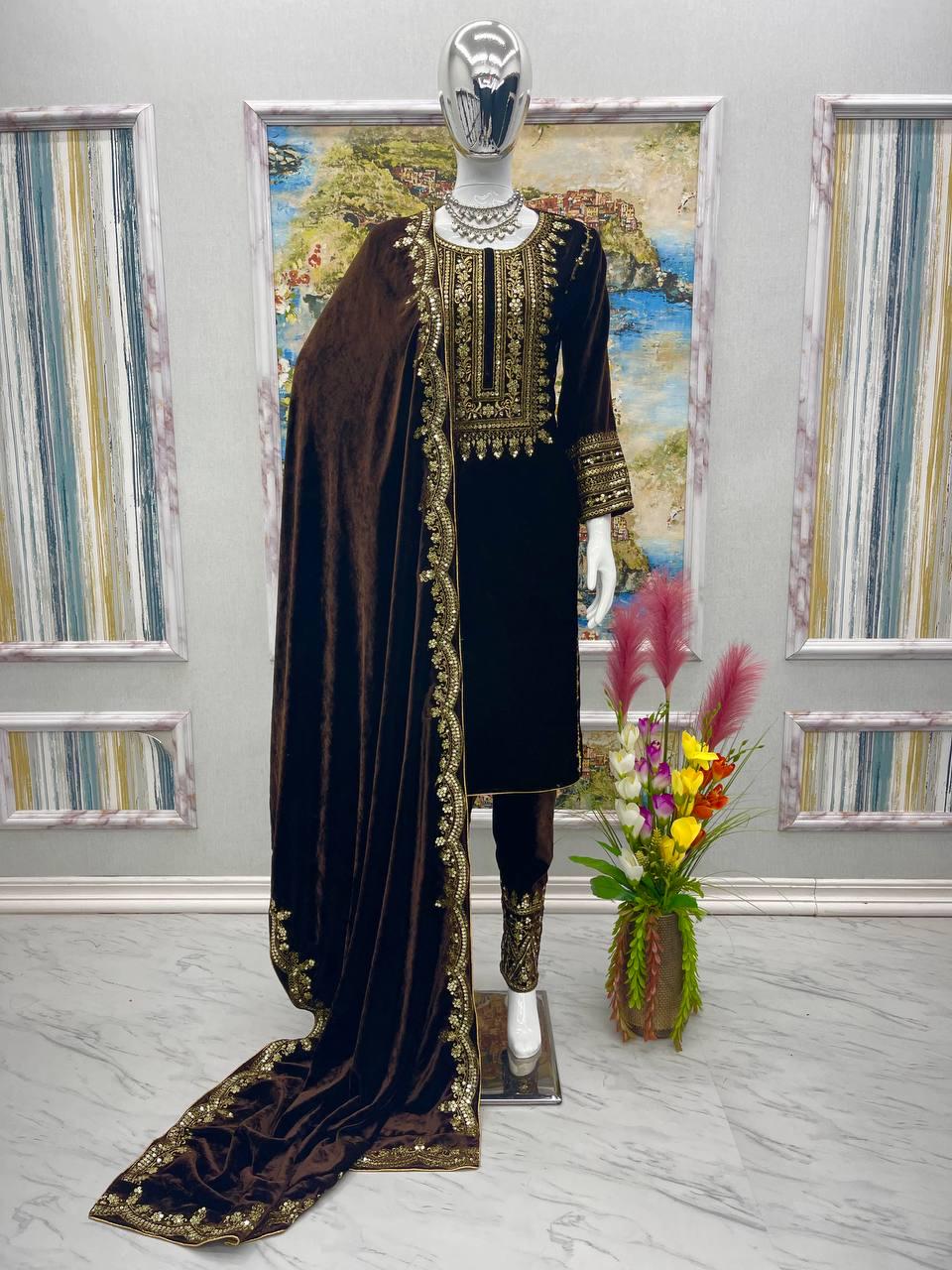 Pakistani Style Brown Viscose Velvet Embroidered Suit Set with Sequin Work, Full Stitched