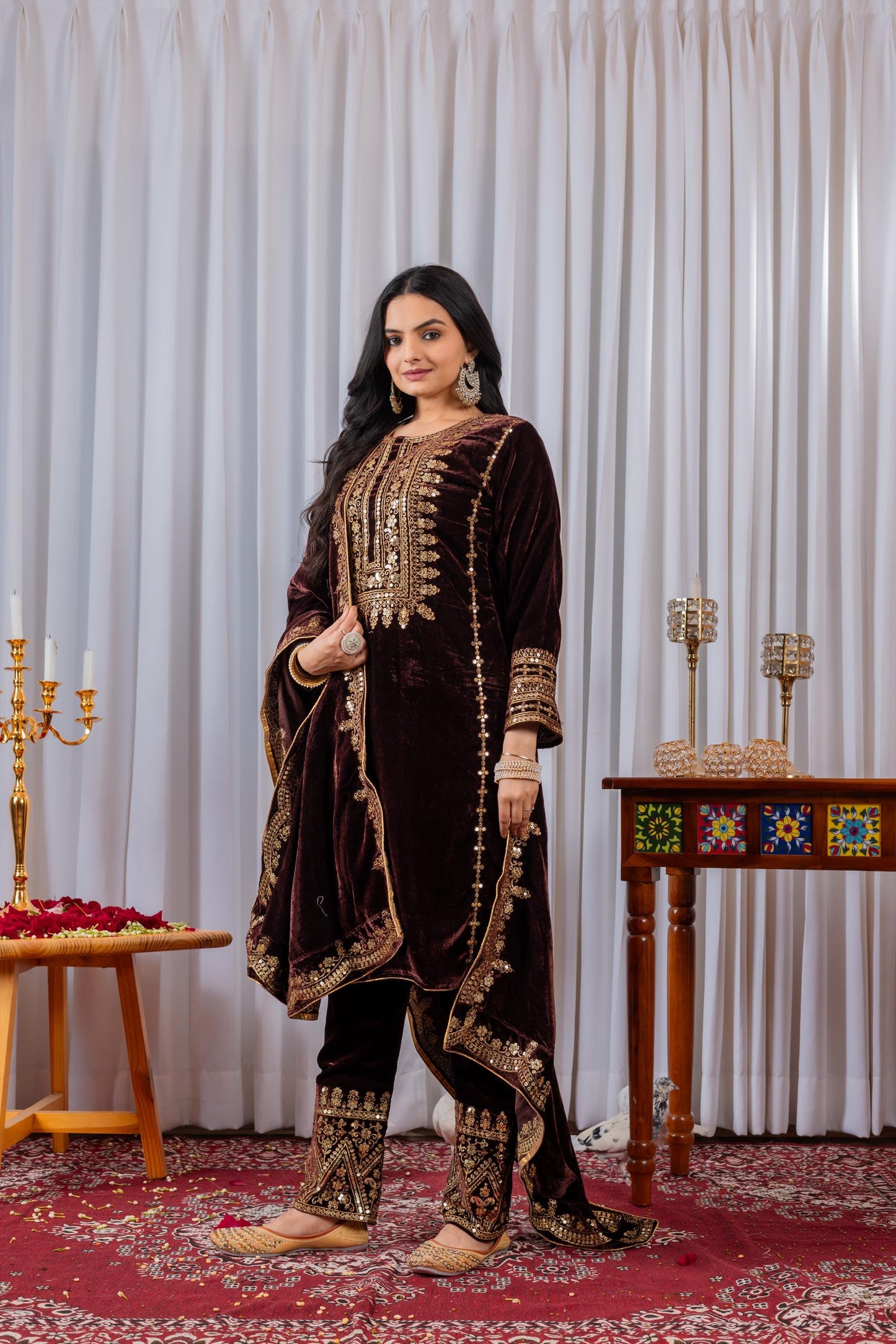 Pakistani Style Brown Viscose Velvet Embroidered Suit Set with Sequin Work, Full Stitched