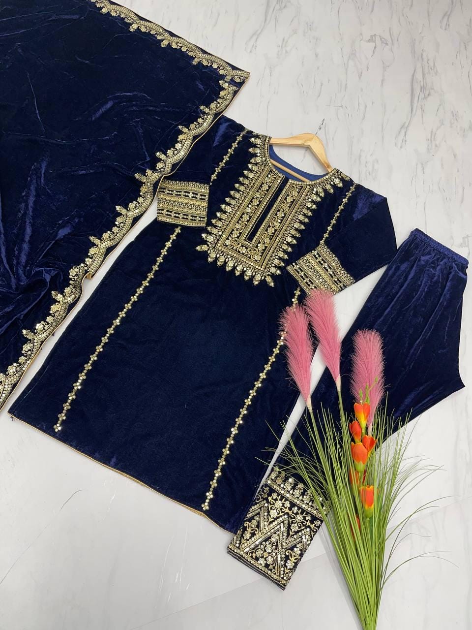 Daily Wear Viscose Velvet Blue Embroidered Suit Set with Sequin Work, Full Stitched