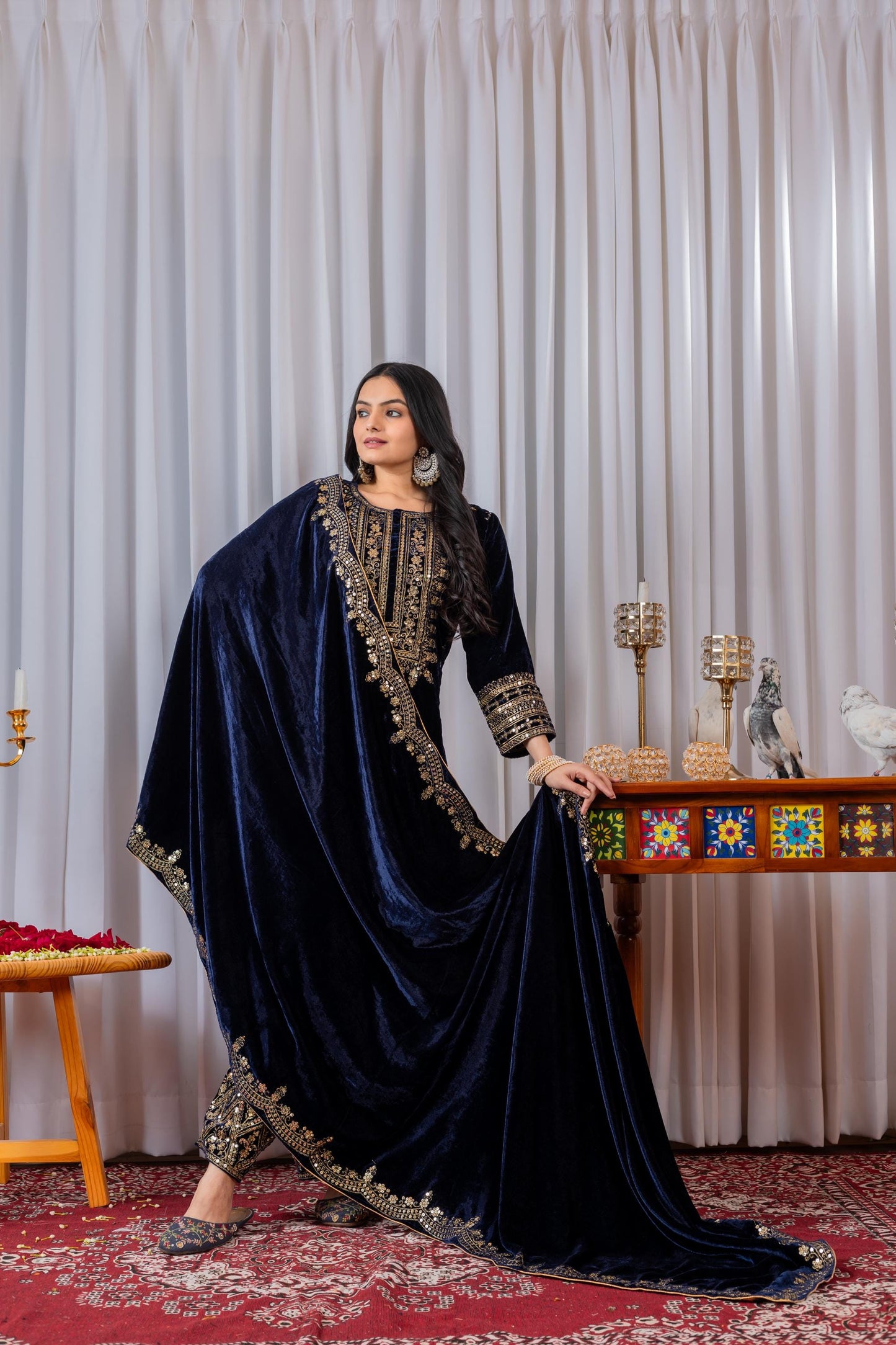 Daily Wear Viscose Velvet Blue Embroidered Suit Set with Sequin Work, Full Stitched