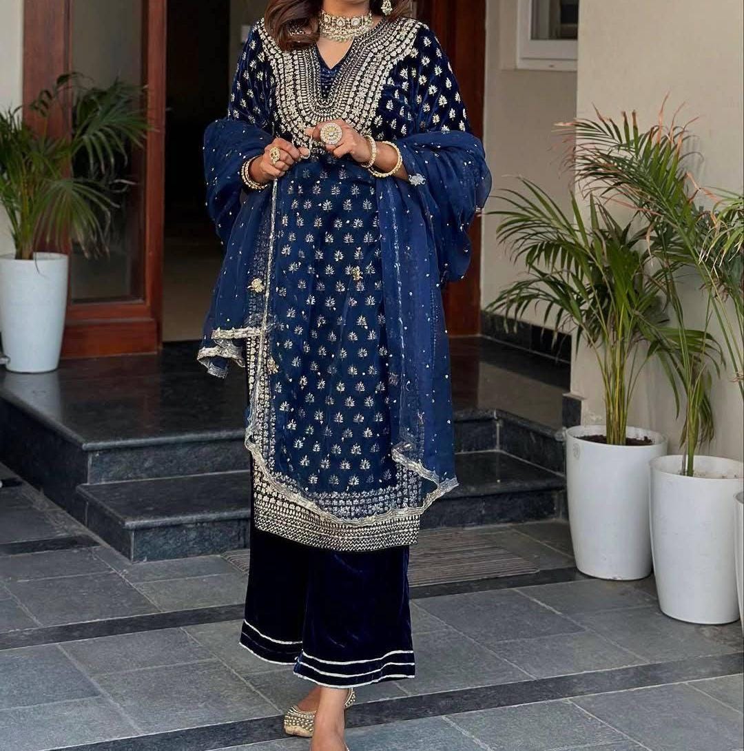 Stylish Blue Two-Tone Velvet Embroidered Suit Set with Palazzo & Dupatta