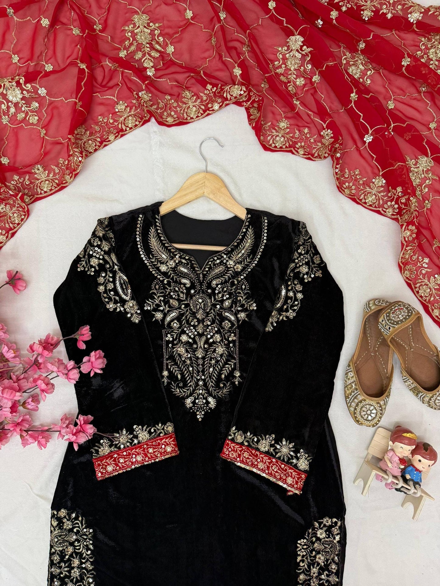 Velvet Winter Wear Embroidered Kurti Palazzo Suit Set with Sequin Zari Work Dupatta