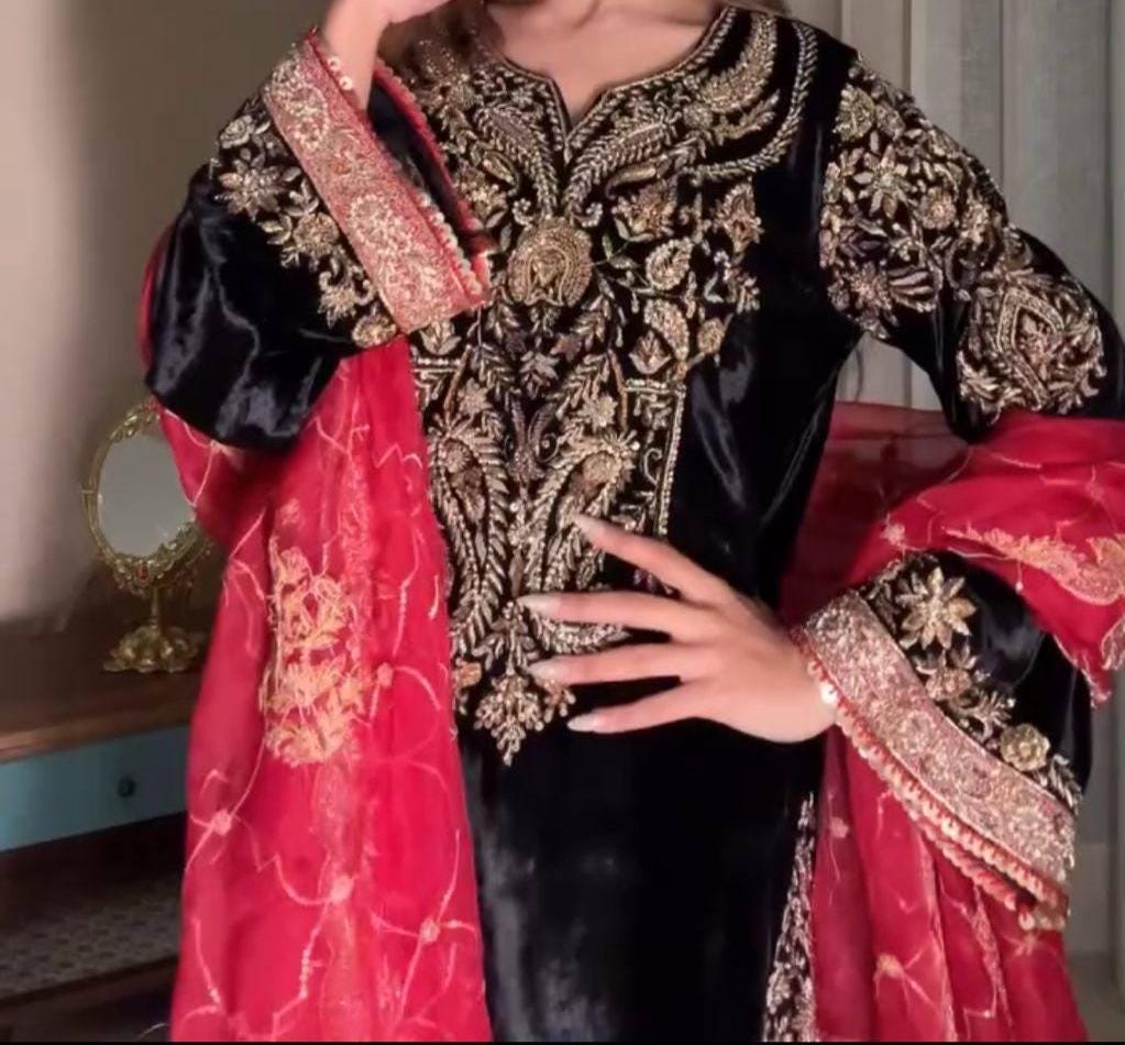 Velvet Winter Wear Embroidered Kurti Palazzo Suit Set with Sequin Zari Work Dupatta