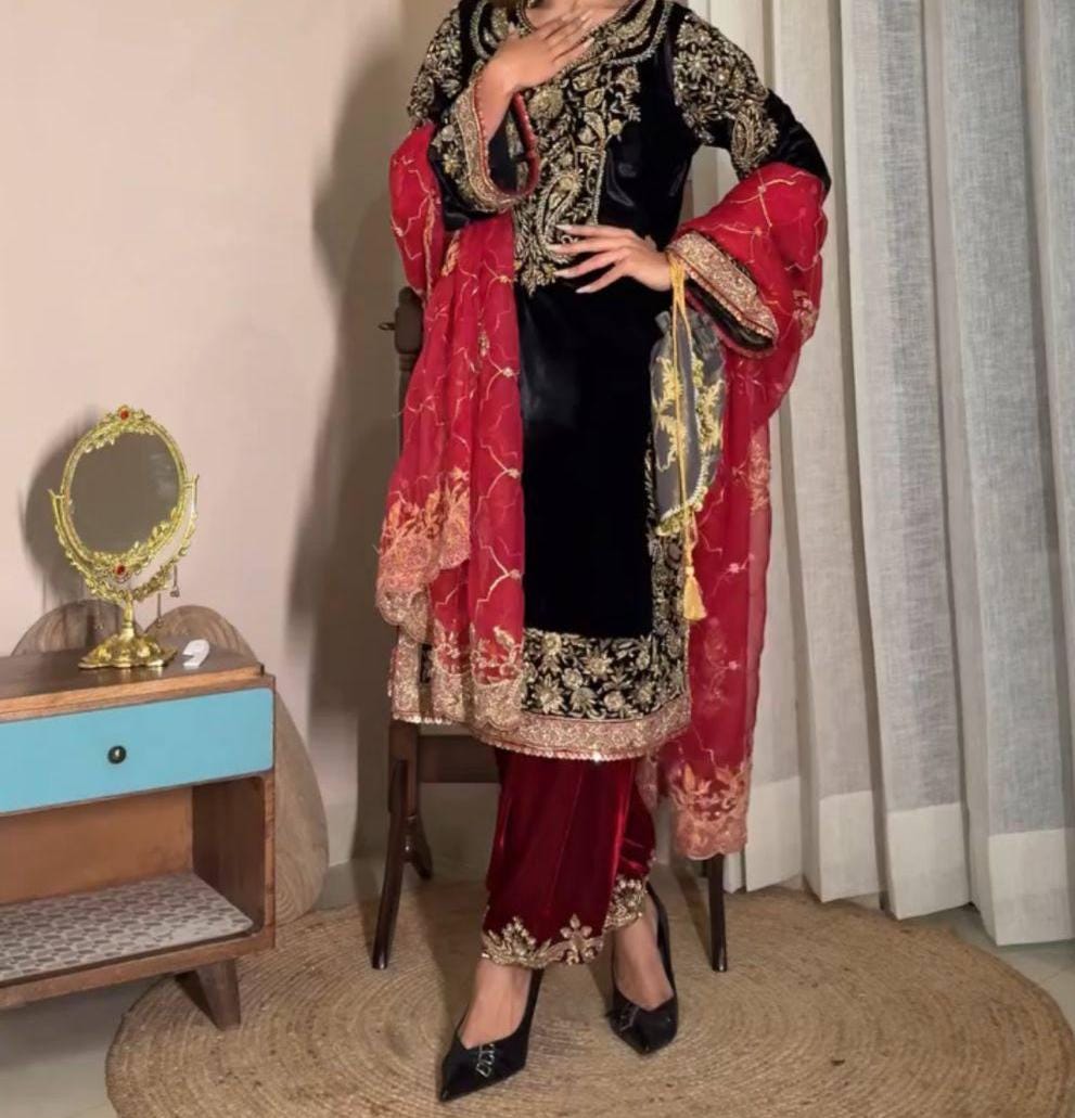 Velvet Winter Wear Embroidered Kurti Palazzo Suit Set with Sequin Zari Work Dupatta