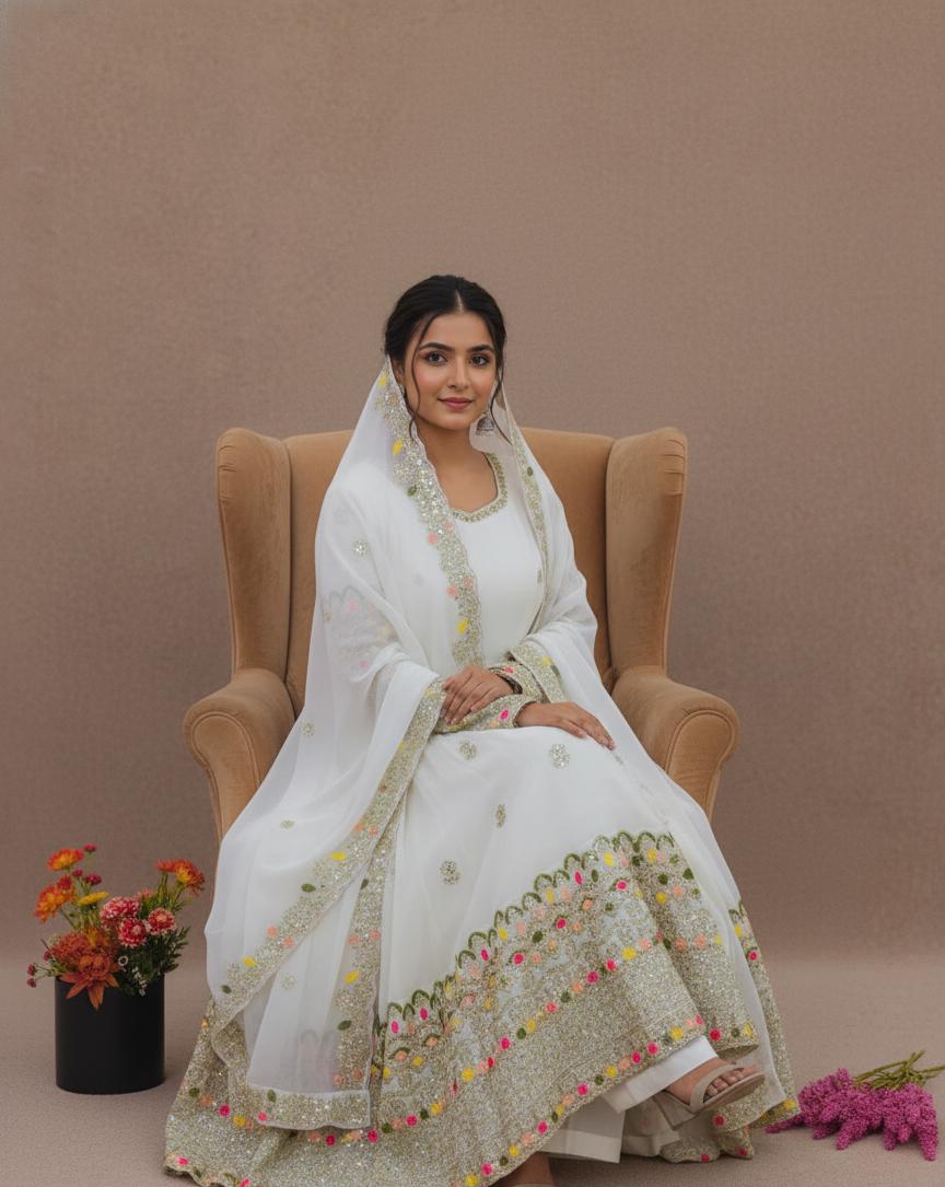 Luxury White Embroidered Anarkali Dress with Heavy Sequence Work for Women Wear