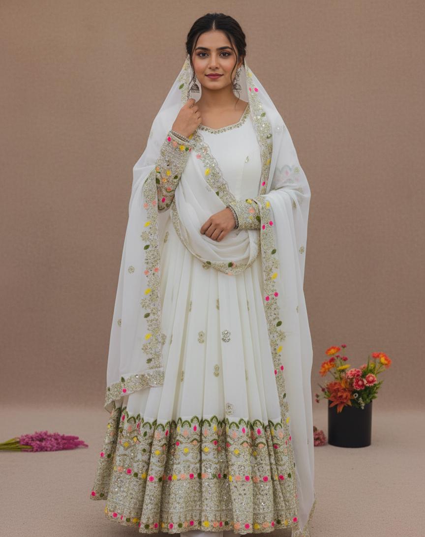 Luxury White Embroidered Anarkali Dress with Heavy Sequence Work for Women Wear