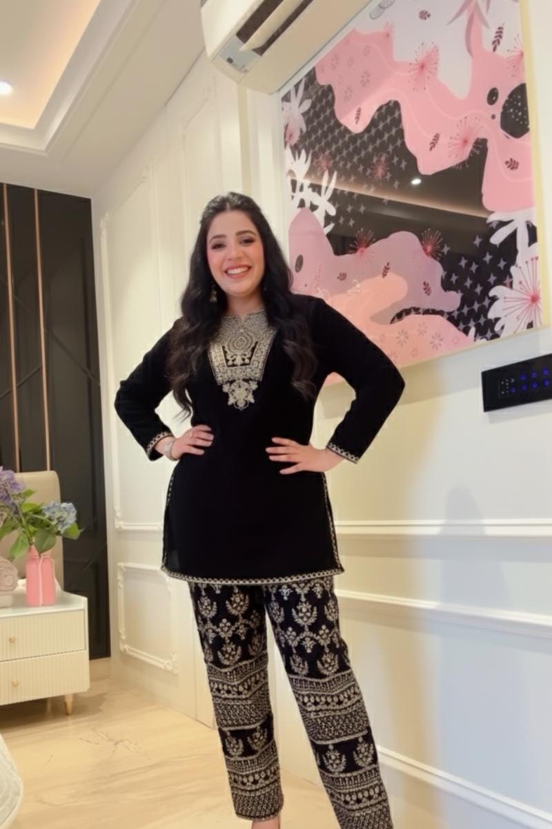 Stylish Black Velvet Embroidery Suit Set for Weddings, Parties, and Festive Occasions